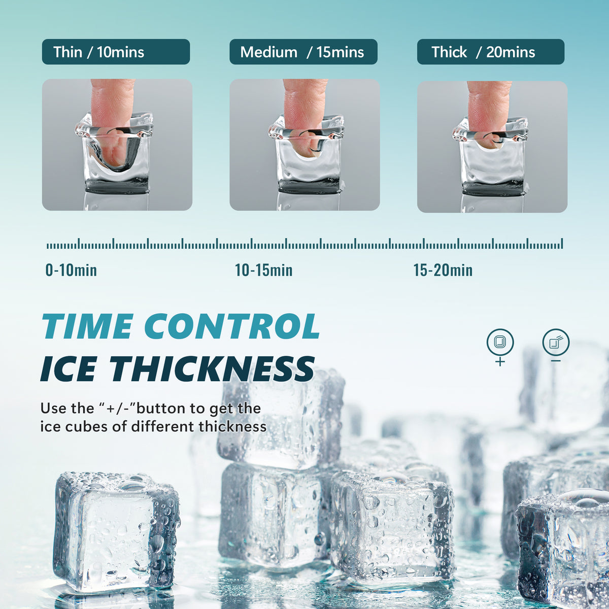 Euhomy Tile Plus Cube Ice Maker time control for thin, medium, and thick ice cubes