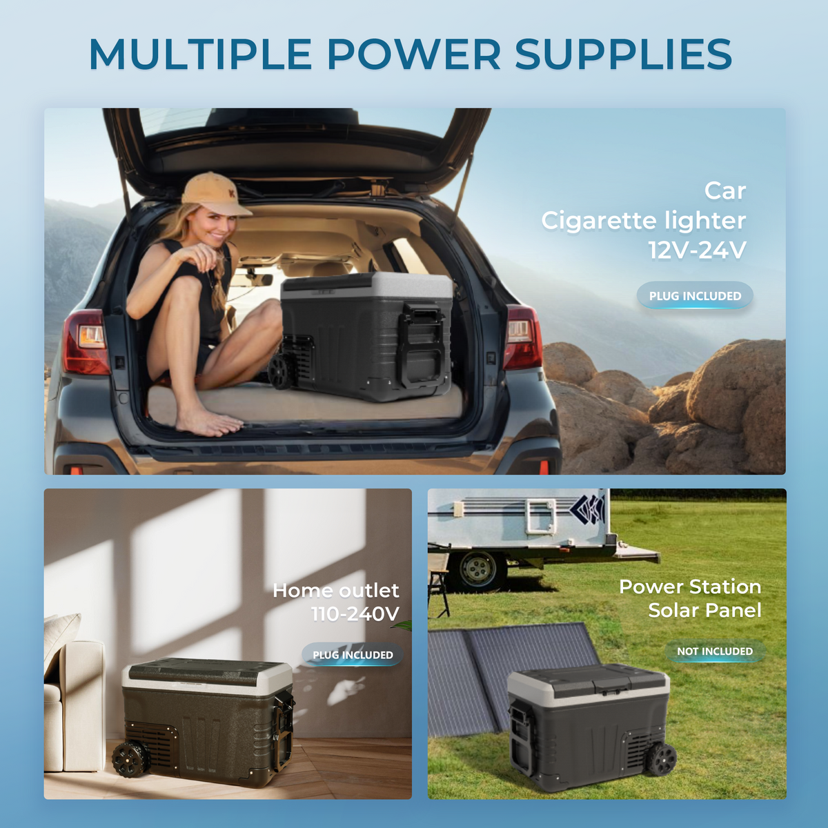 Rover W2 powered by car outlet, home outlet or solar power station for camping