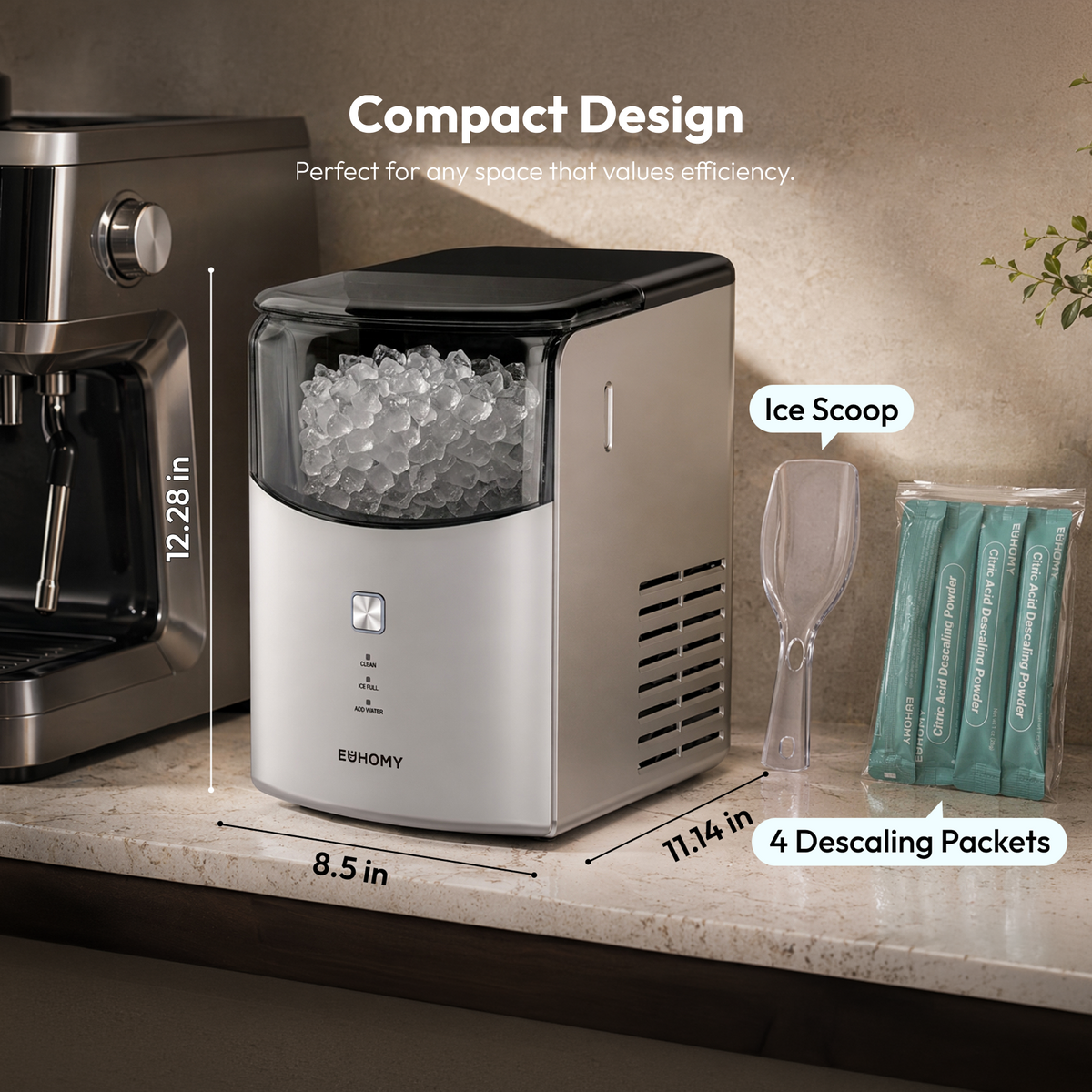 Compact Euhomy Pearl L1 Max nugget ice maker on countertop, with ice scoop and 4 descaling packets