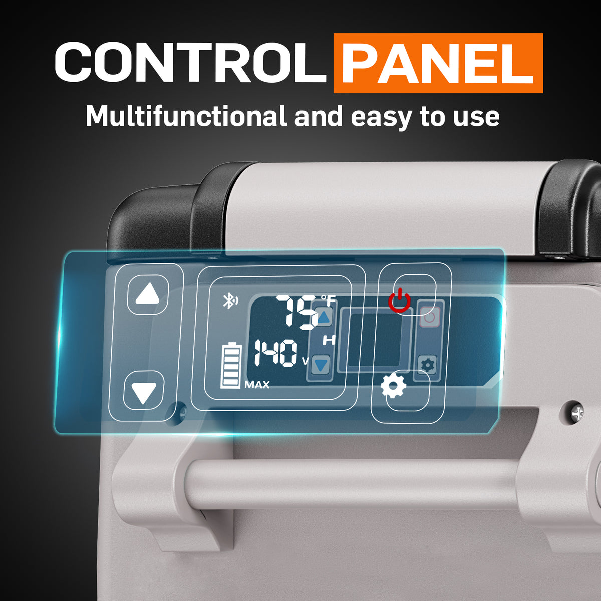 Euhomy Rover H1 car refrigerator control panel with LCD temperature display and touch buttons
