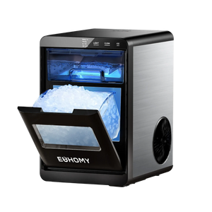 Euhomy Pearl L1 Plus nugget ice maker with black and silver compact countertop design, front ice drawer open