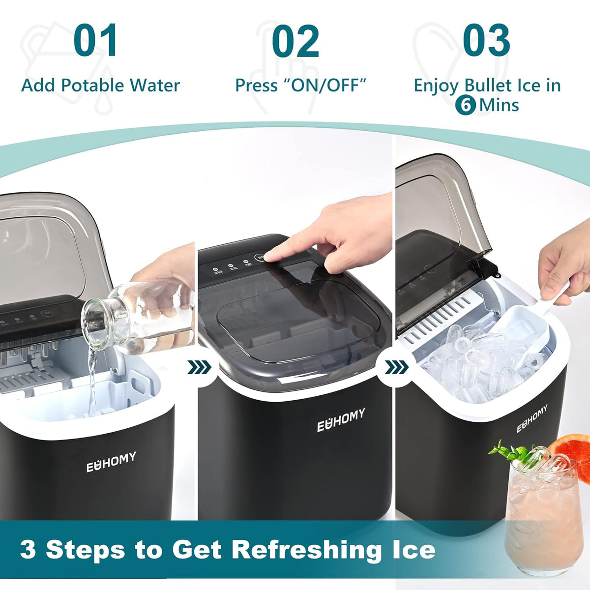 Euhomy Dart H1 bullet ice maker with 3-step operation and quick 6-minute ice production