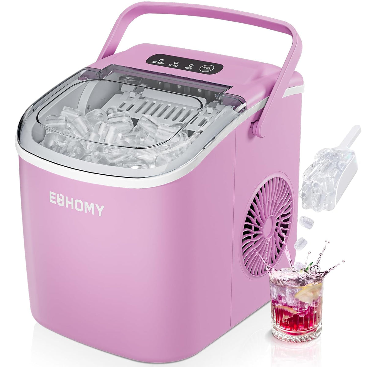 Pink Euhomy Dart H1 bullet ice maker with transparent lid, portable handle, and ice storage basket