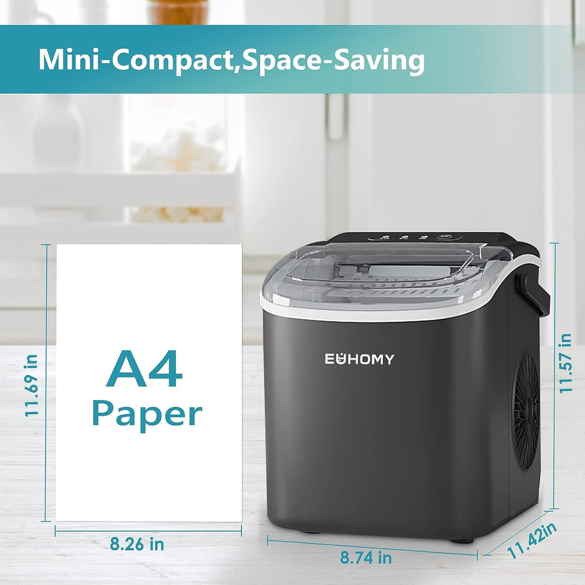 Euhomy compact bullet ice maker in black, shown with A4 paper for size comparison