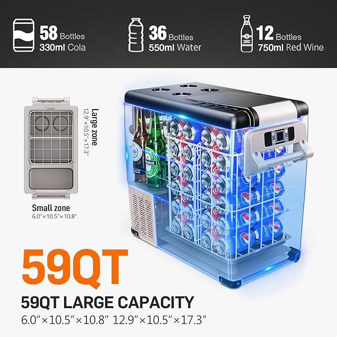 Euhomy Rover H1 59QT car refrigerator with dual zones, LCD touch panel, and large-capacity storage