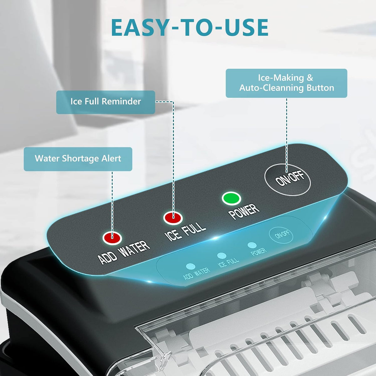 Euhomy Dart H1 bullet ice maker control panel with add water, ice full, and power indicators