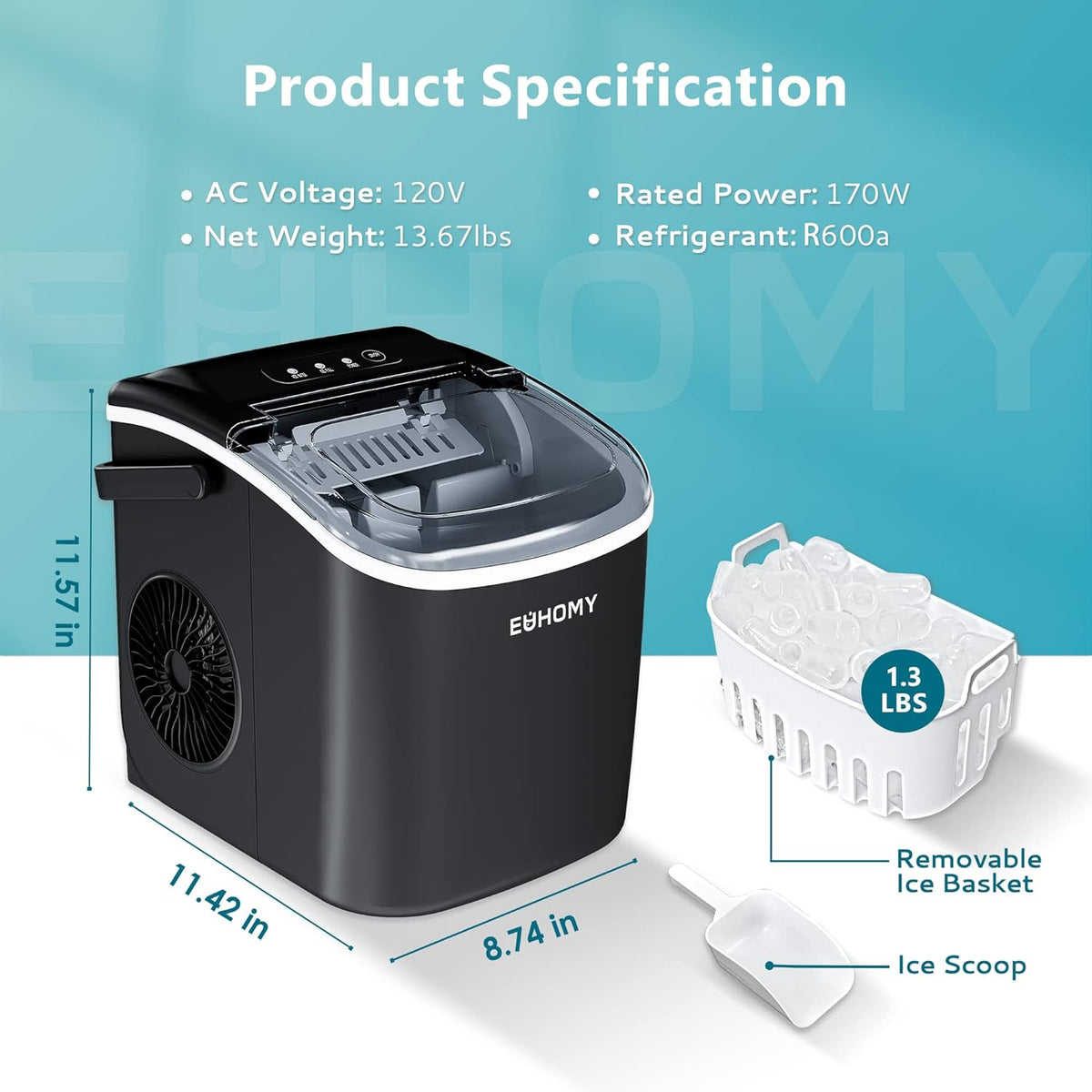 Euhomy Dart H1 bullet ice maker with removable basket and ice scoop