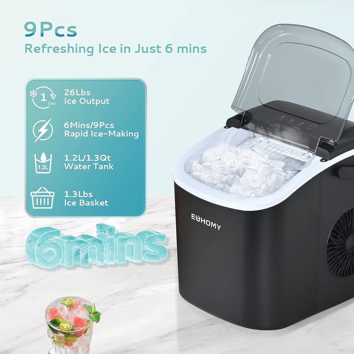 Euhomy bullet ice maker with 9 cubes in 6 mins, 26 lbs daily output, black countertop design