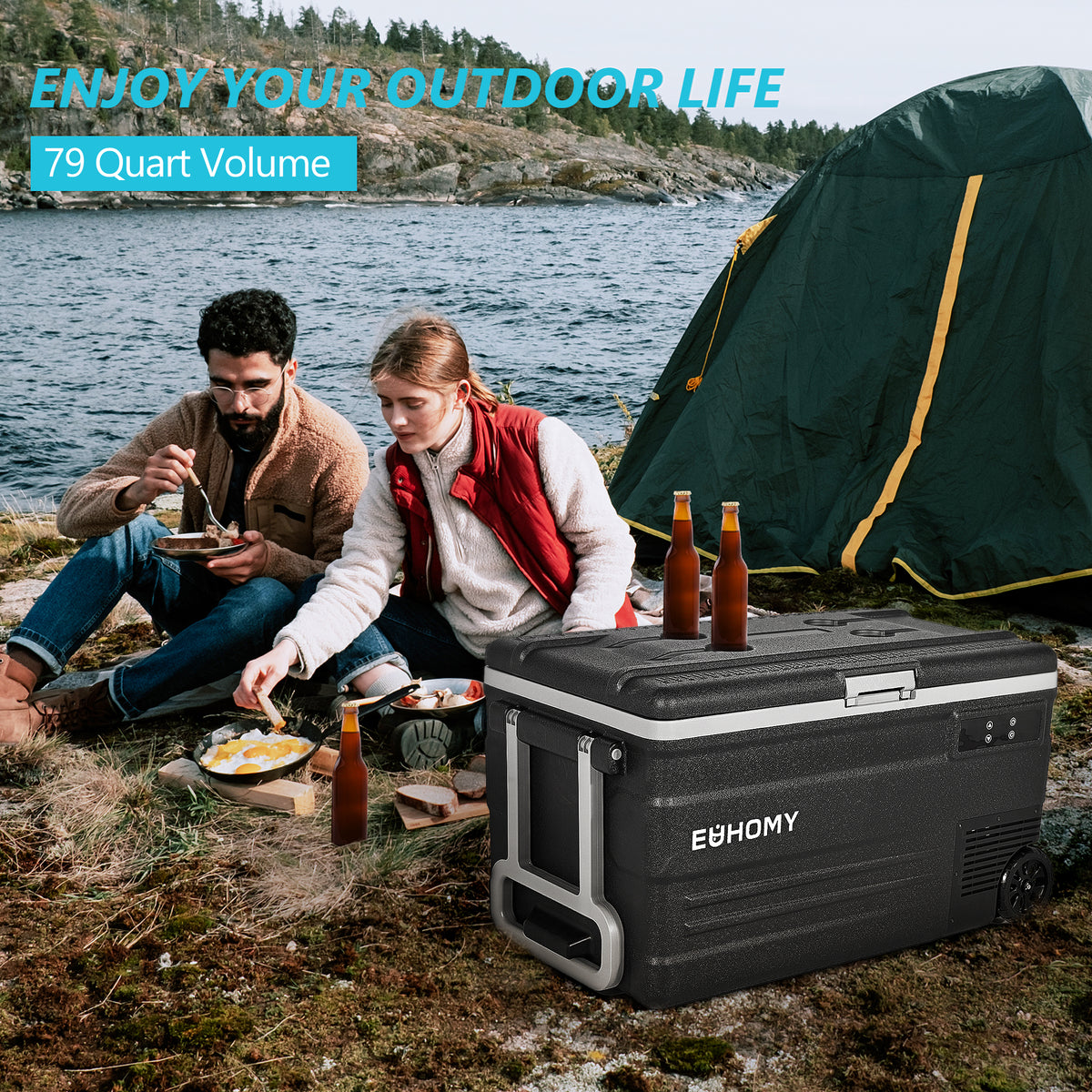 Euhomy Rover W3 portable car refrigerator with handle, wheels, and 79 quart capacity at campsite