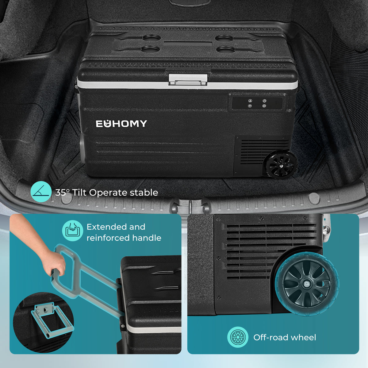 Euhomy Rover W3 car refrigerator with reinforced handle, off-road wheel and 35° tilt stability