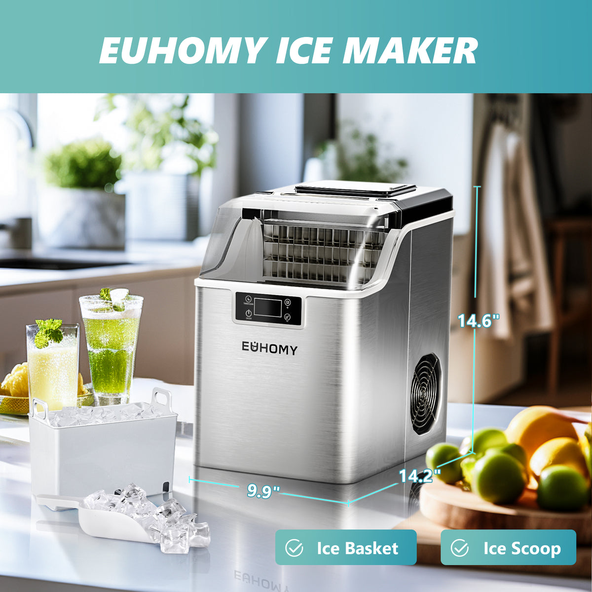 Euhomy countertop ice maker with ice basket and scoop, stainless steel design, 14.2 x 9.9 x 14.6 inches