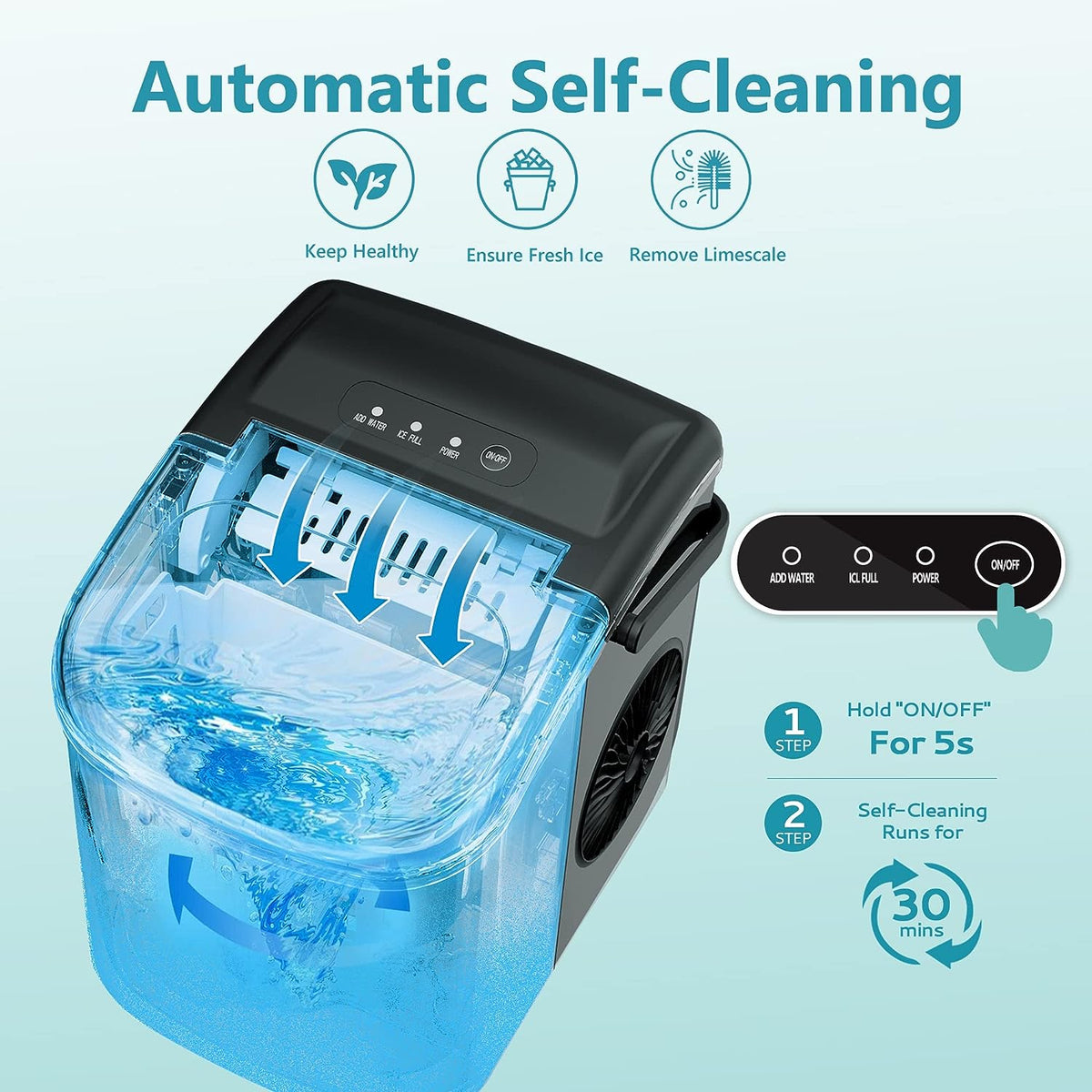 Euhomy bullet ice maker automatic self-cleaning feature with 30-minute cleaning cycle