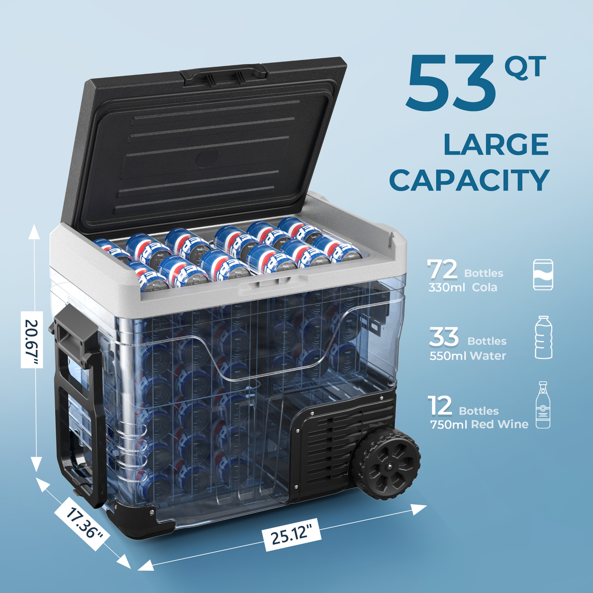 53-quart Rover W2 car fridge packed with 72 soda cans and labeled dimensions