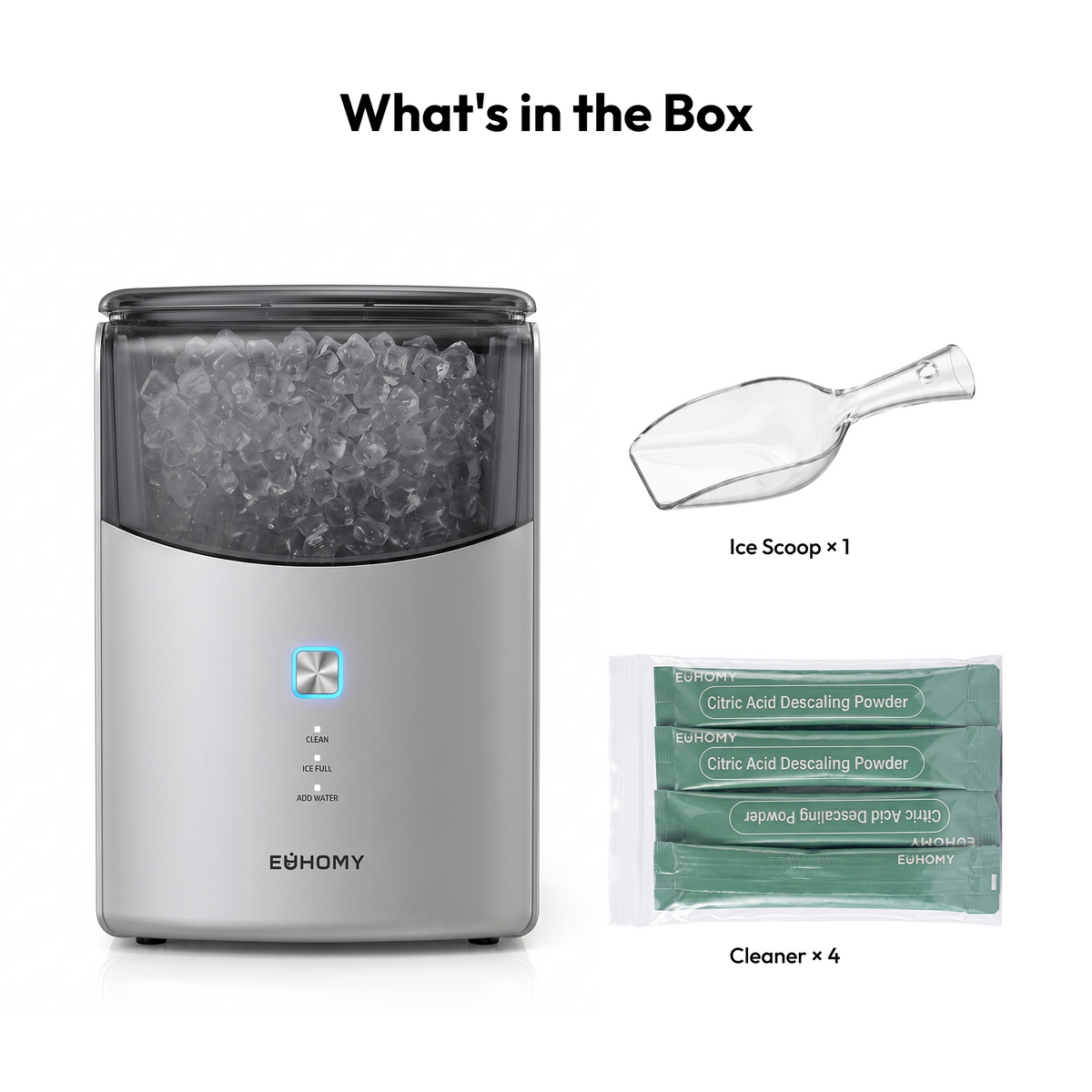 Euhomy Pearl L1 Max nugget ice maker with ice scoop and 4 cleaner packets