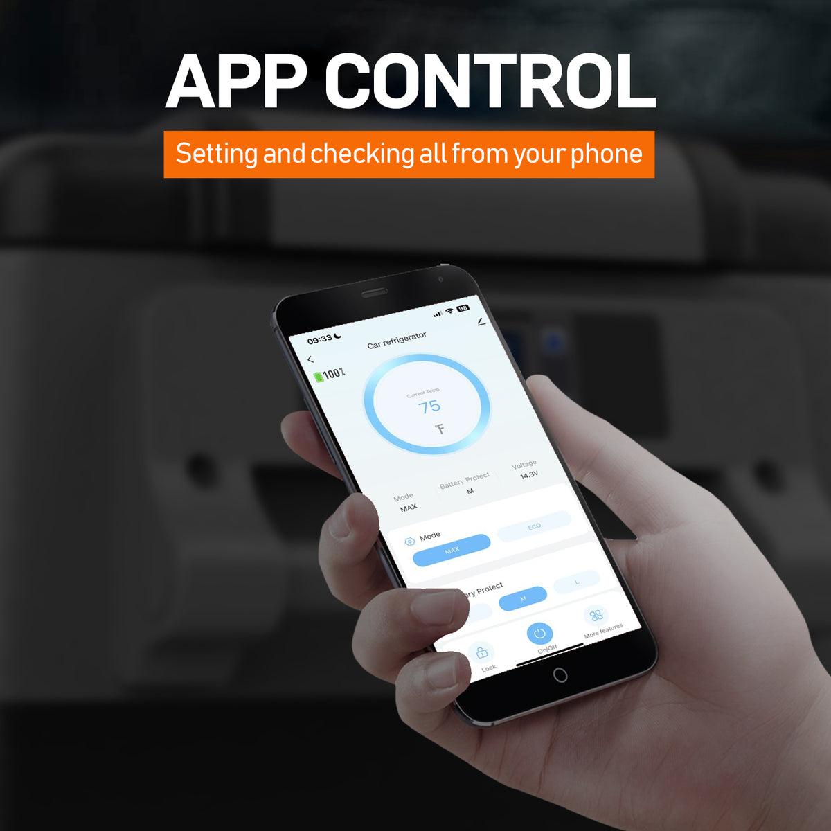 Hand holding smartphone controlling Euhomy Rover H1 car refrigerator via app, app control feature