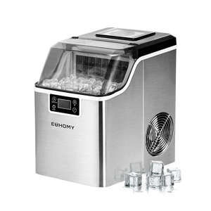 Euhomy stainless steel cube ice maker with transparent lid, control panel, and ice cubes