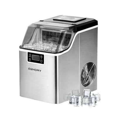 Euhomy stainless steel cube ice maker with transparent lid, control panel, and ice cubes