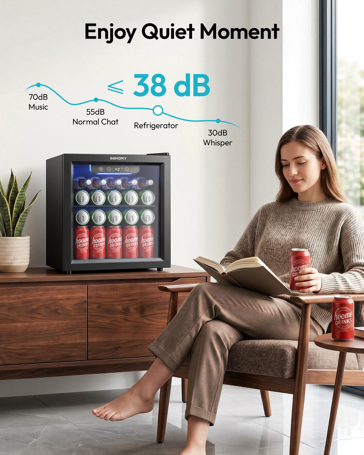 Euhomy Fizz 55 beverage refrigerator with quiet 38 dB operation in a modern room