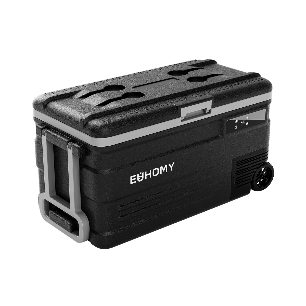 Euhomy Rover W3 portable car refrigerator with handle, wheels, and smart control panel