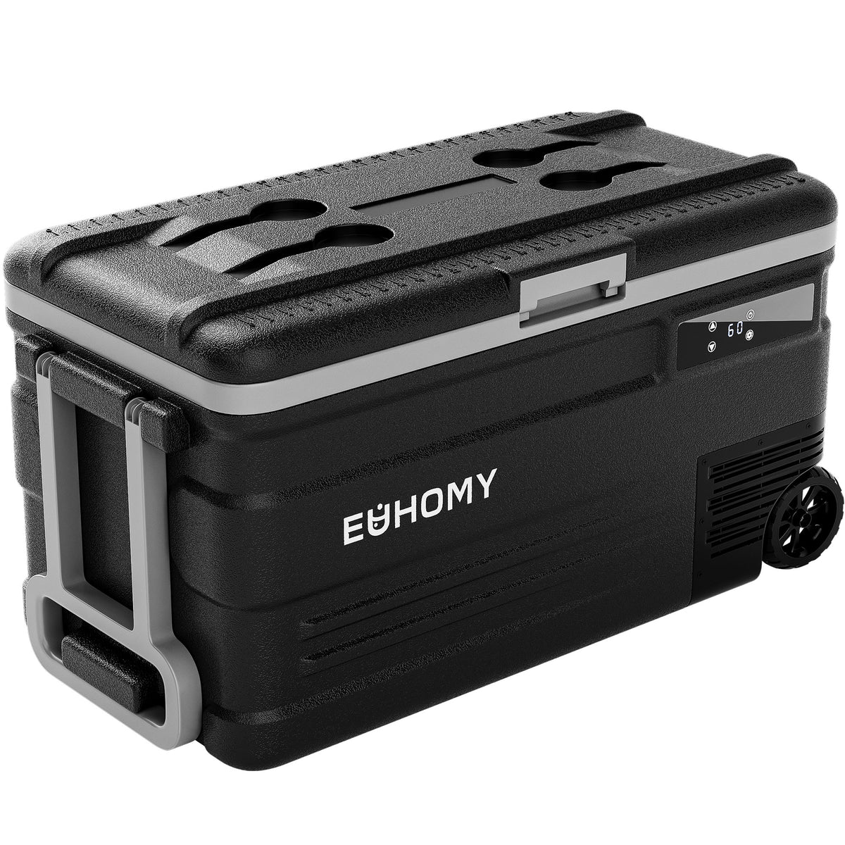 Euhomy Rover W3 portable car refrigerator with handle, wheels, and digital control panel