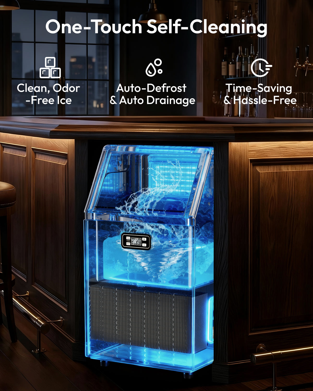 Euhomy Lucid M1 commercial cube ice maker with one-touch self-cleaning, auto-defrost and drainage