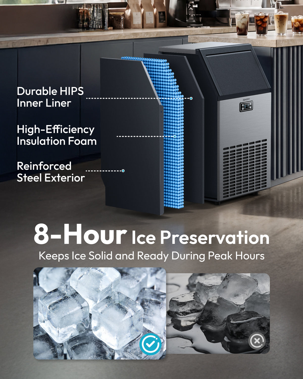 Euhomy commercial ice maker with HIPS liner, insulation foam, and steel exterior, 8-hour ice preservation