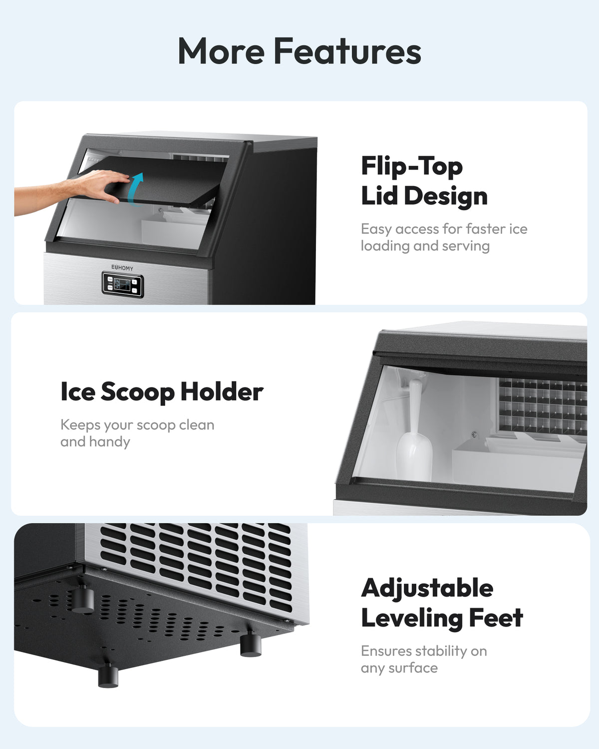 Euhomy commercial cube ice maker with flip-top lid, ice scoop holder, and adjustable leveling feet
