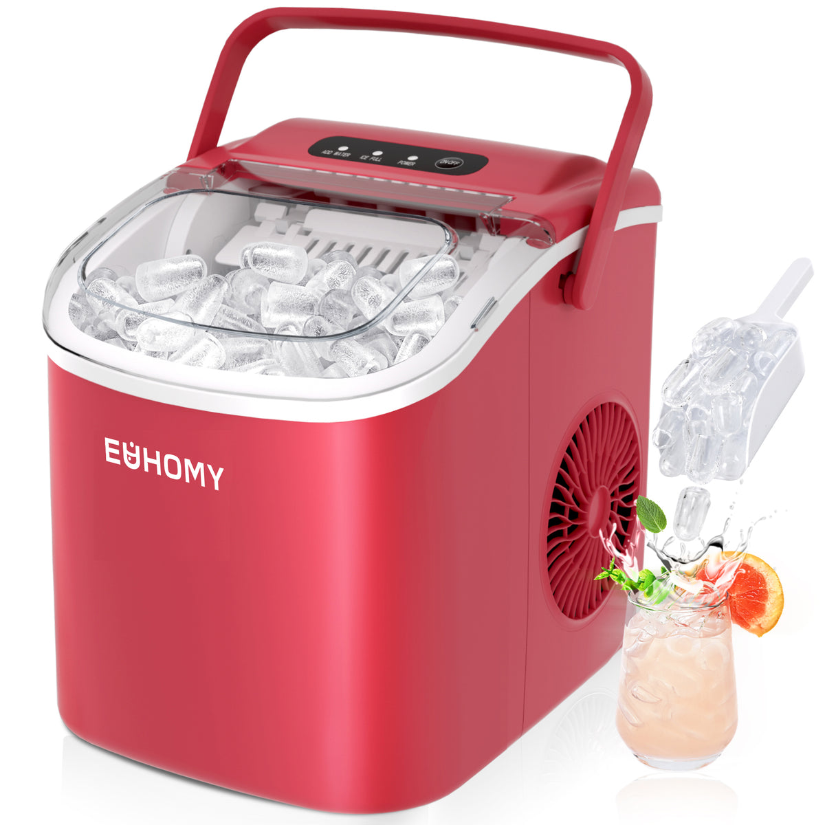 Euhomy Dart H1 red bullet ice maker with handle, clear lid, and ice basket