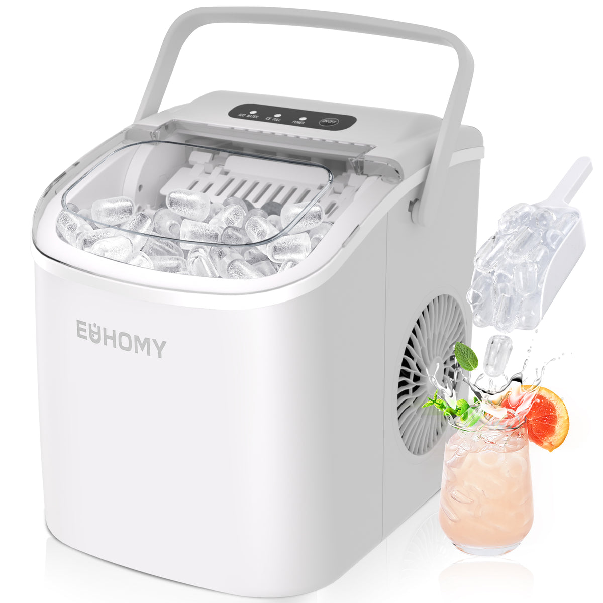 Euhomy Dart H1 bullet ice maker with white compact design, clear ice basket, and drink serving