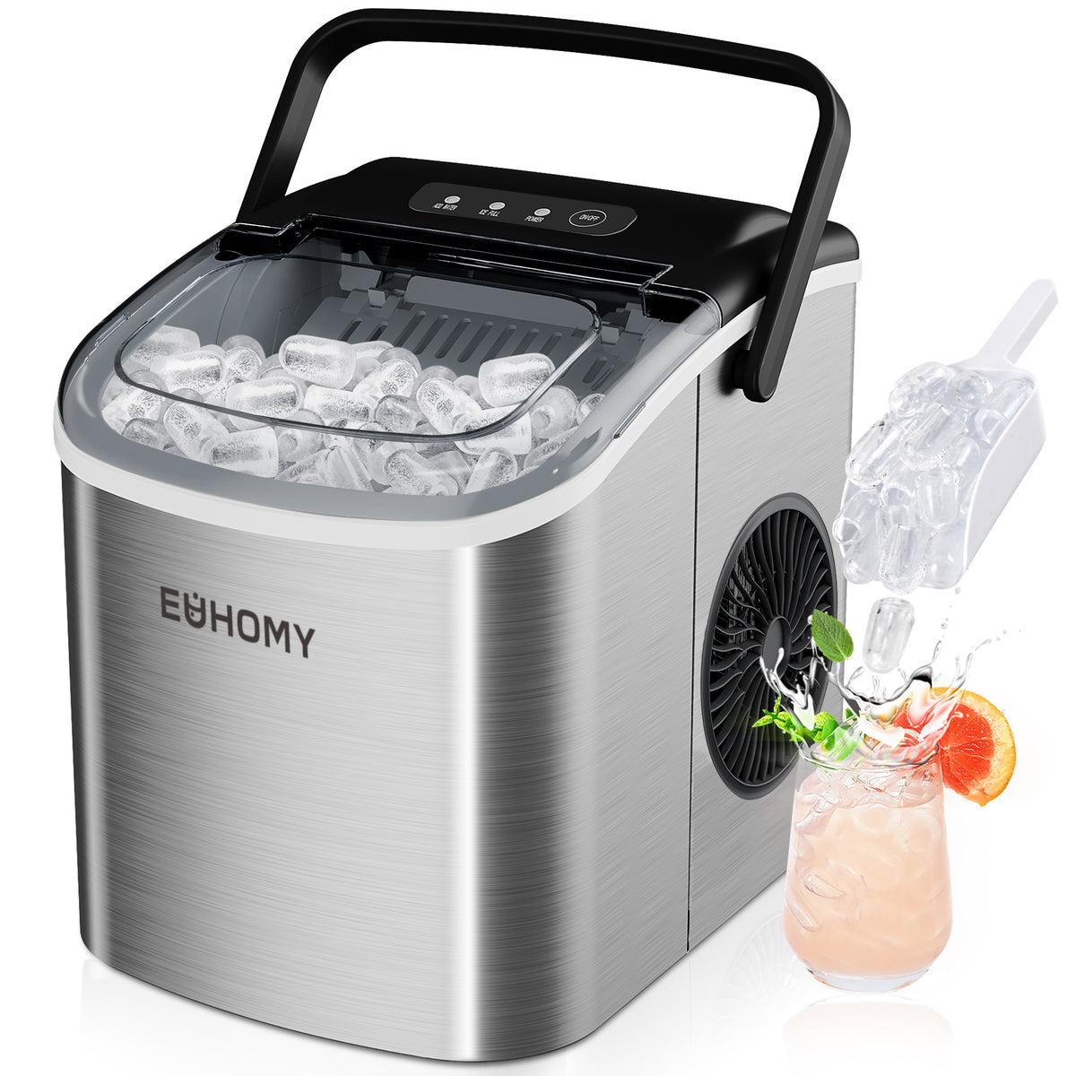 Euhomy Dart H1 bullet ice maker in stainless steel with clear ice and drink garnish