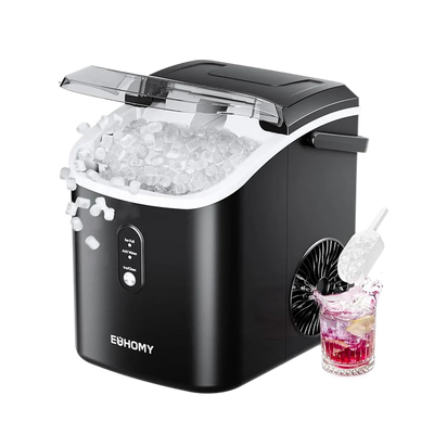 Euhomy Pearl H1 nugget ice maker in black with clear lid and ice scoop