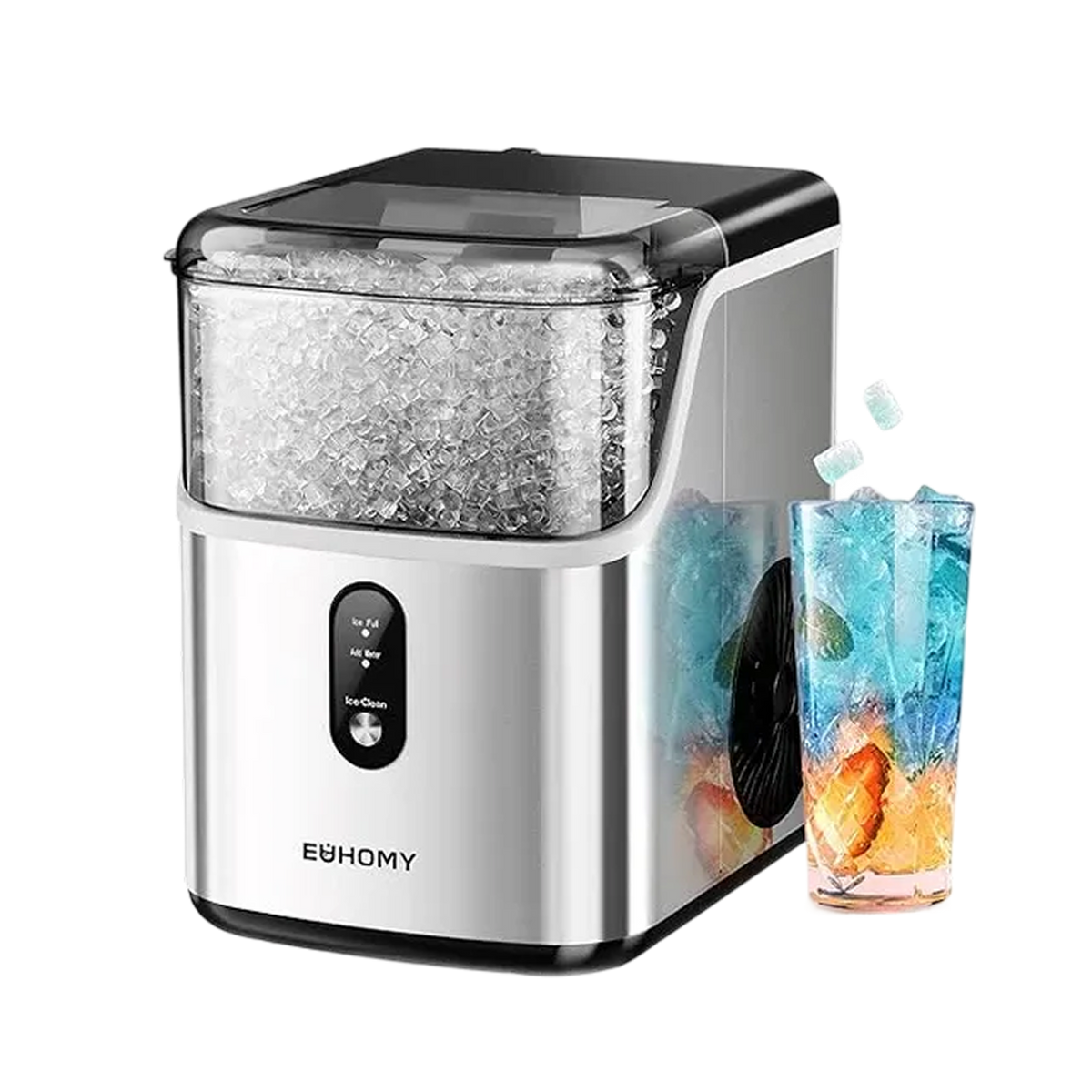 Euhomy Pearl L1 nugget ice maker with clear ice bin and stainless steel design