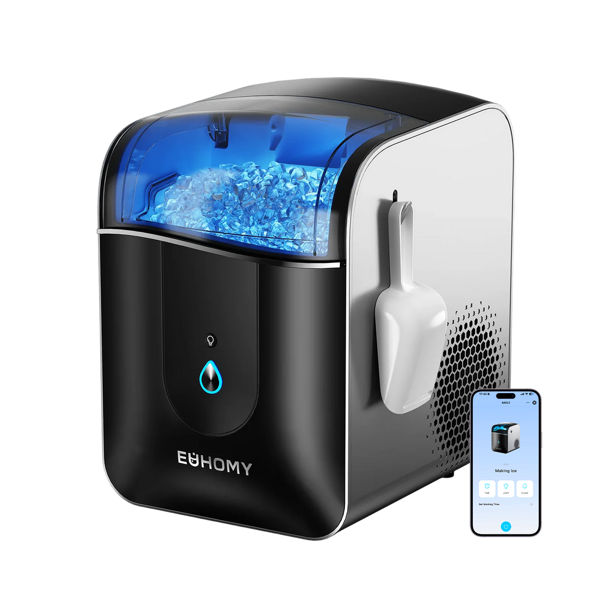 Euhomy Pearl L1 Pro nugget ice maker with transparent blue-lit window and app control