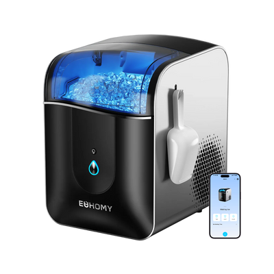 Euhomy Pearl L1 Pro nugget ice maker with transparent blue-lit window and app control