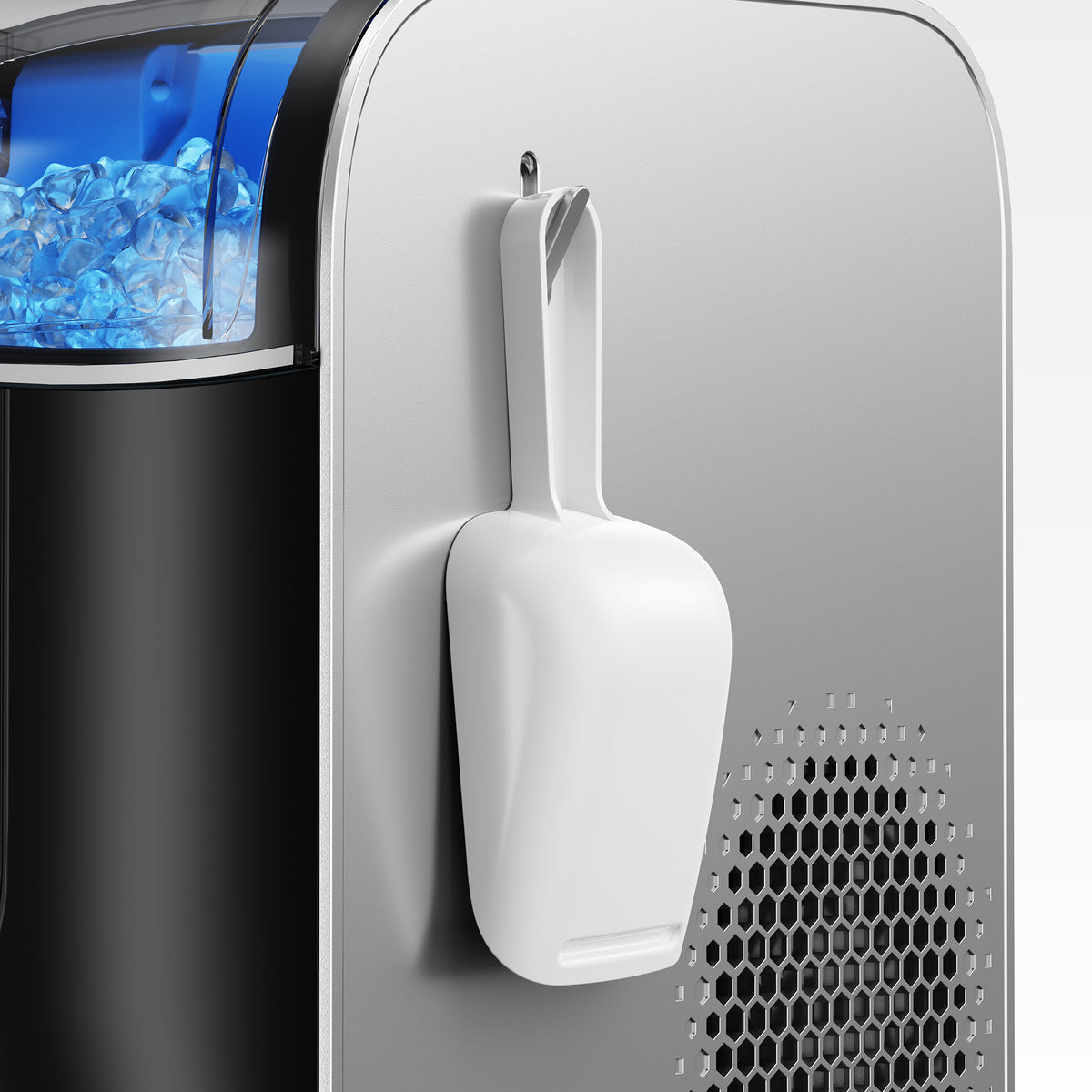Euhomy Pearl L1 Pro nugget ice maker with clear ice bin and white scoop, silver and black design