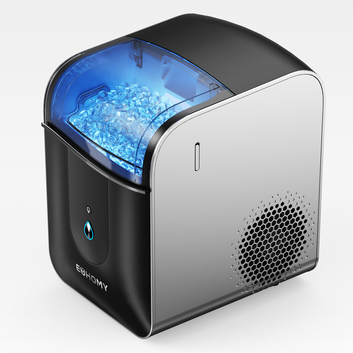 Euhomy Pearl L1 Pro nugget ice maker in black and silver with blue-lit ice bin