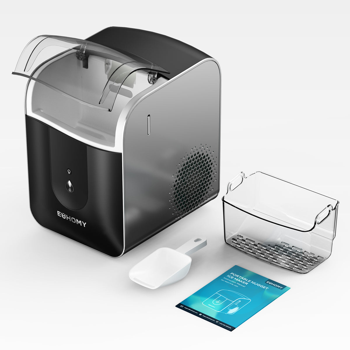 Euhomy Pearl L1 Pro nugget ice maker with ice basket, scoop and manual